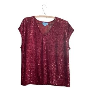 CeCe Sparkling Sequin V-Neck Burgundy Cap Sleeve Top